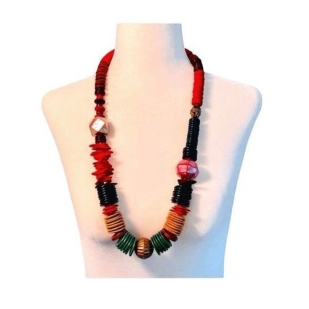 Vintage 90s Beaded Necklace Rainbow Wood Stone Beads‎ Chunky Copper Tone Metal